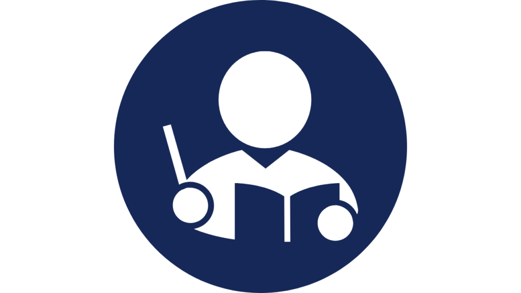 Blue circular icon showing a teacher figure with a book and pointer, representing teacher access to the My Quick Math platform.