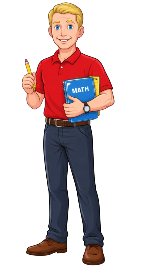 Illustrated male math teacher character holding a pencil and math notebook, representing guided instruction and student support.