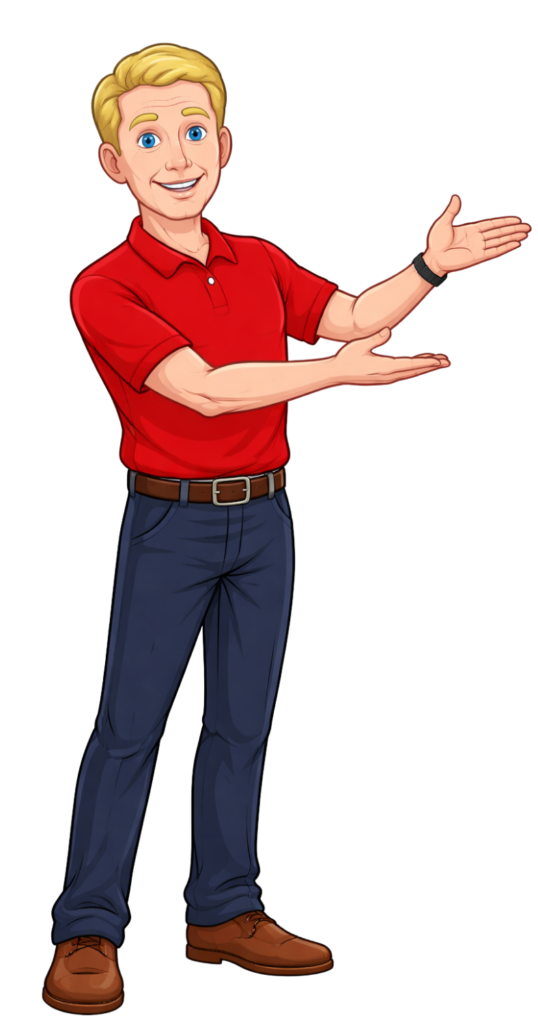 Illustrated math teacher character presenting with open hands, representing student progress and measurable learning results.