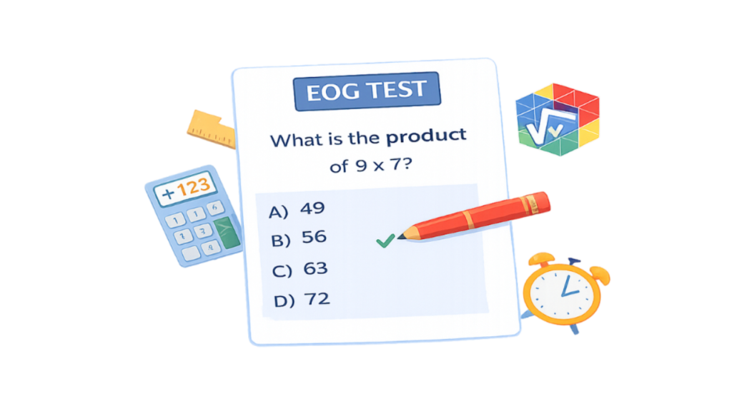 Graphic showing an EOG-style math question asking for the product of two numbers, representing the types of questions used in My Quick Math.