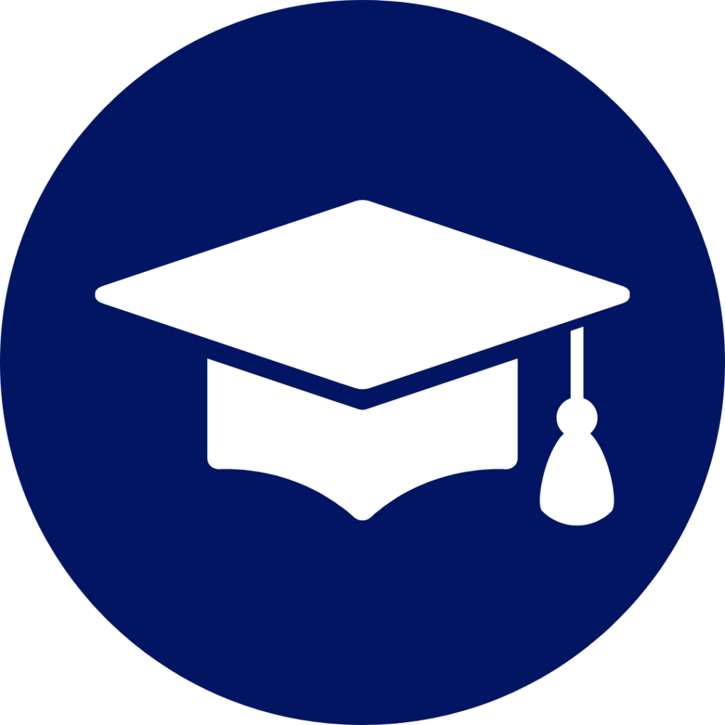 Blue circular icon with a white graduation cap symbol representing mastery and academic progress.