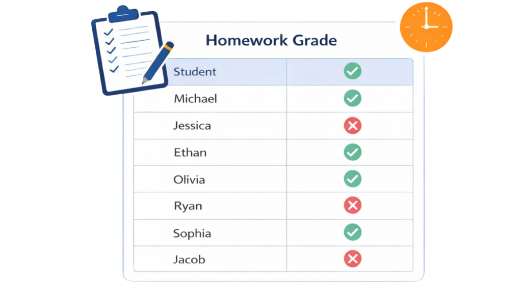 Homework grade table showing student names with checkmarks and Xs to indicate completed and missing homework, representing how My Quick Math can be used for homework grading.