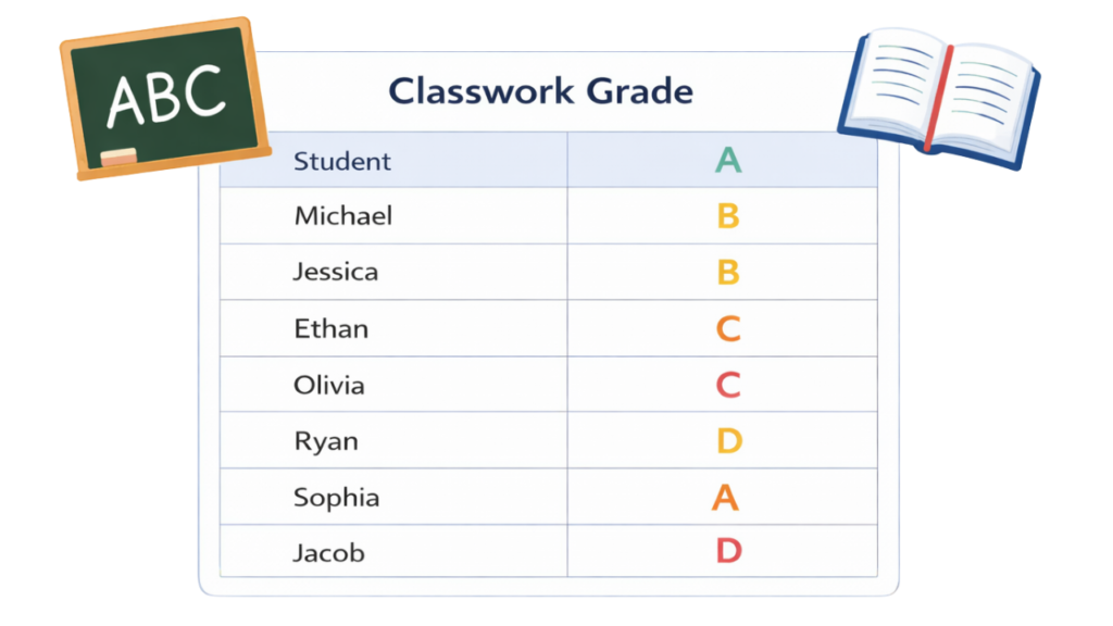 Table showing student names with letter grades under a classwork grade heading, representing how My Quick Math can be used for classwork grading.