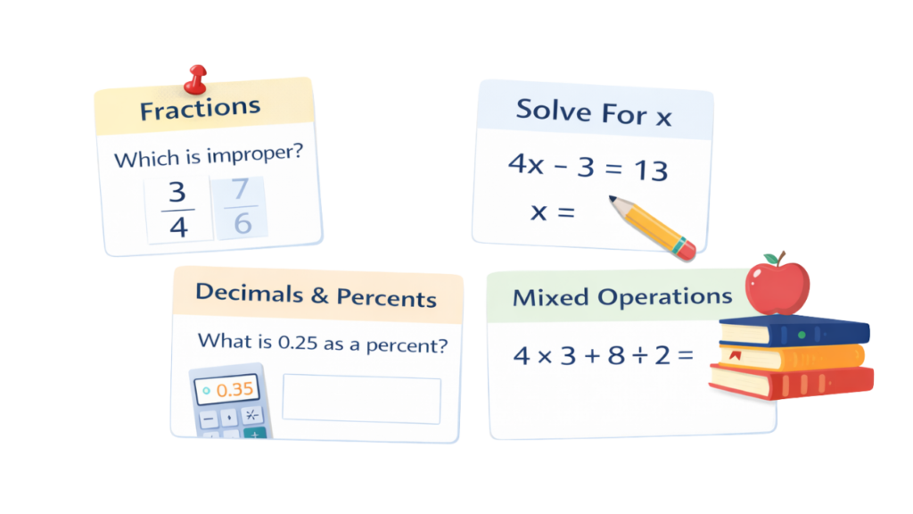 Graphic showing different types of math topics including fractions, solving for x, decimals and percents, and mixed operations, representing the variety of topics in My Quick Math.