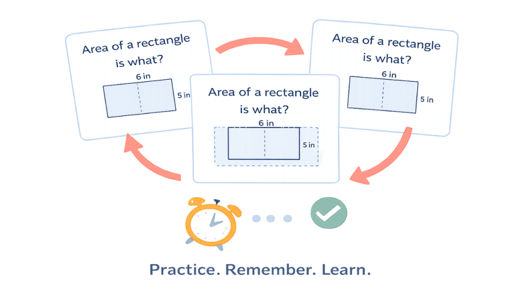 Graphic showing the same area-of-a-rectangle topic repeated in a cycle, representing how My Quick Math uses repetition to help students remember and master concepts.