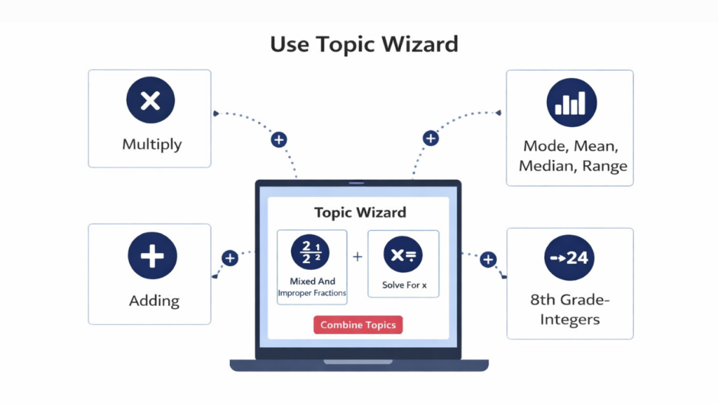 Illustration showing a Topic Wizard tool that combines math skills like adding, multiplying, fractions, equations, and statistics into custom topics.